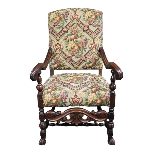 Jacobean Style Carved Walnut Tapestry Arm Chair For Sale