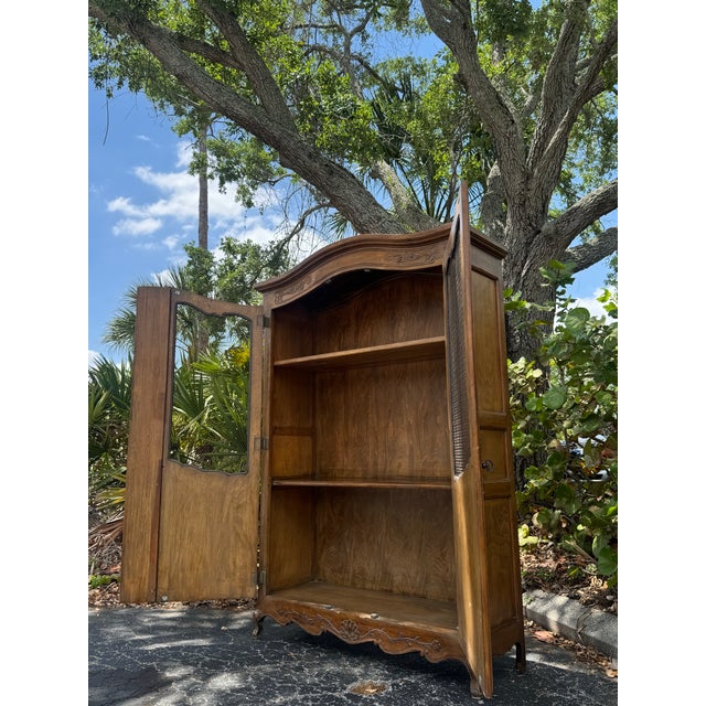 Wood Vintage French Provincial Carved Wood Armoire With Chicken Wire Doors For Sale - Image 7 of 9