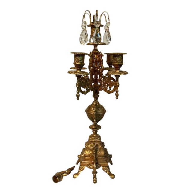 Pair of Vintage Baroque Italian Brass Brevattato 6 Light Candelabra W/Crystals & Snuffers Exquisite pair of heavy gilt...