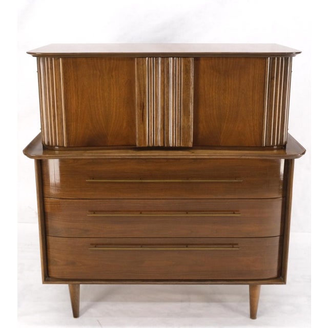 Wood Light Walnut Bow Front Drawers Long Brass Pull Hardware Gentleman's Chest Mint For Sale - Image 7 of 18