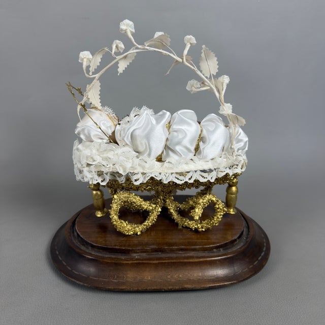 Mid 20th Century Vintage Mary Child in Bell Wax Golden Cradle with Wooden Base, 1950s For Sale - Image 5 of 12