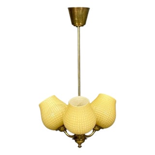 1940s Swedish Modern, Pendant Light, Brass, Textured Glass For Sale