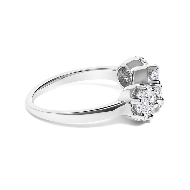 Contemporary 14K White Gold 1-1/4 Cttw Brilliant Cut Diamond Three Round Floral Clusters Engagement or Fashion Ring (H-I Color, SI2-I1 Clarity) - Size 6.25 For Sale - Image 3 of 7