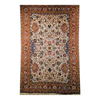 Vintage Persian Isfahan Rug, Hand-Knotted Wool & Silk, Allover Floral Pattern, Ivory & Brick-Red, 4x6 For Sale
