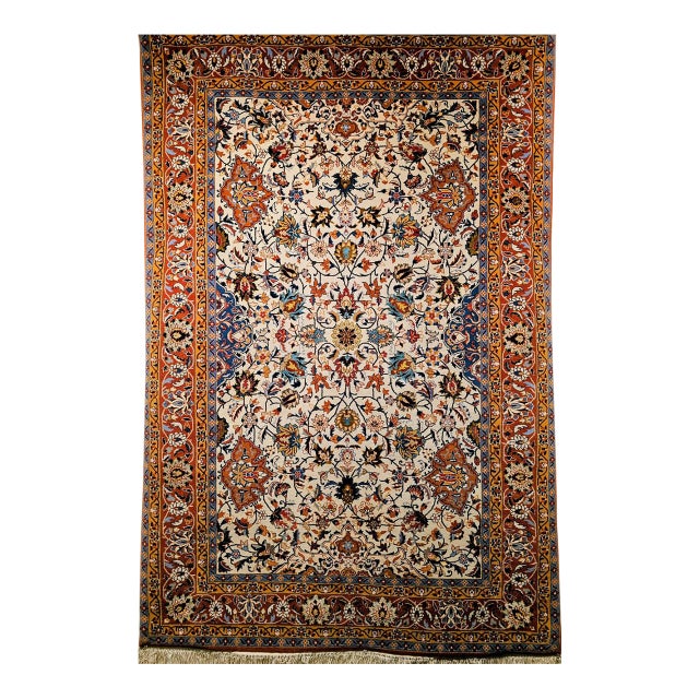 Vintage Persian Isfahan Rug, Hand-Knotted Wool & Silk, Allover Floral Pattern, Ivory & Brick-Red, 4x6 For Sale