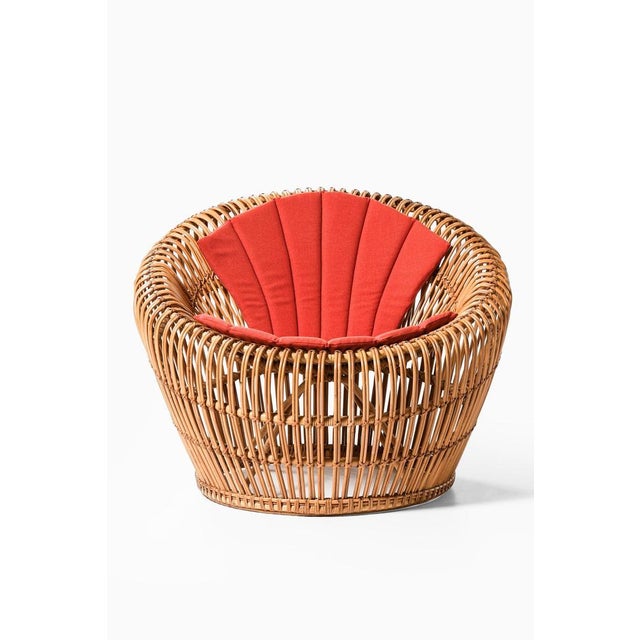 Easy Chair in Cane, Fabric and Rattan by Franco Albini, 1950s For Sale - Image 3 of 8