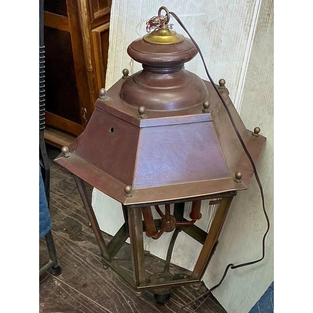Mid 20th Century French Large Scale Hexagon Copper / Cast Iron & Brass Three Light Lanterns - Pair For Sale - Image 4 of 11