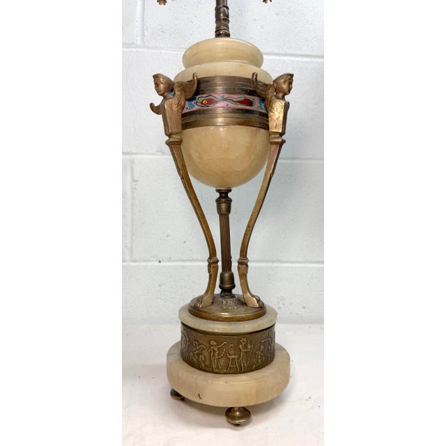 Figurative Large Antique Ornate Hand Carved Figural Alabaster Bronze Electric Table Lamp For Sale - Image 3 of 13