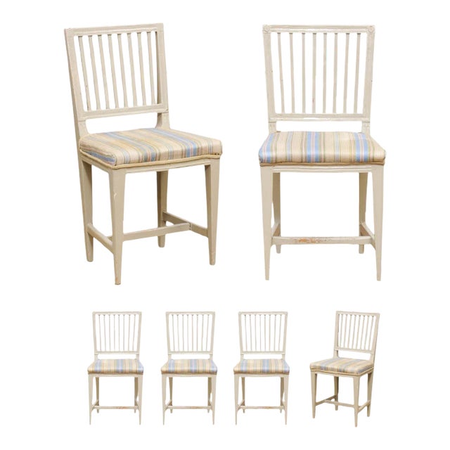 Swedish Gustavian Style 1850s Painted Wood Side Chairs with Carved Rosettes - Set of 6 For Sale
