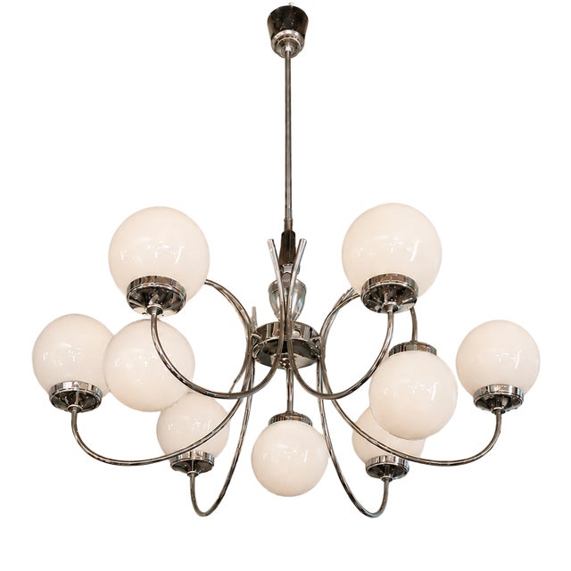 Space Age Chrome and Opaline Glass Chandelier, 1970s For Sale