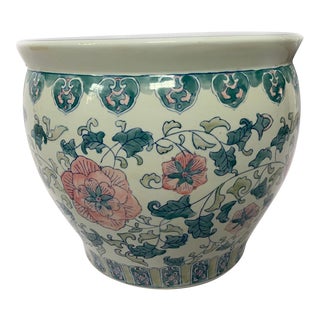 Vintage Ceramic Chinoiserie Blue White & Pink FloralFish Bowl Planter For Sale