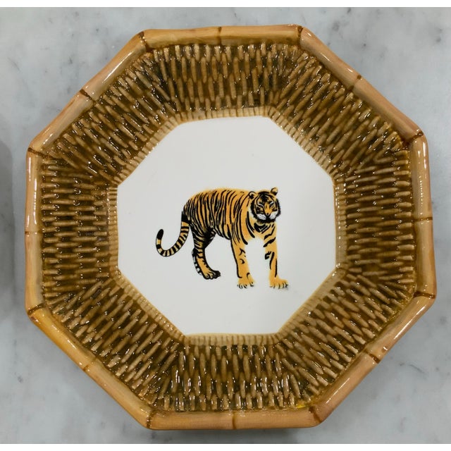 Chinoiserie Safari Animal Salad Plates W/ Rattan & Bamboo Borders Set of 4 - Attrib. To Raymond Waites - Palm Beach Regency, Safari Entertaining - See Pics! For Sale - Image 3 of 8