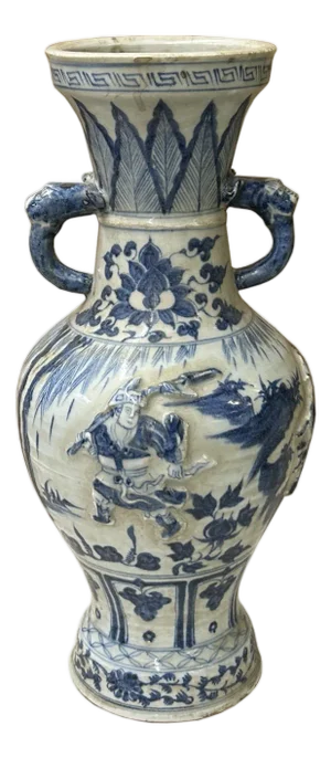 Oriental Distressed White Blue Relief People Motif Porcelain Art Vase