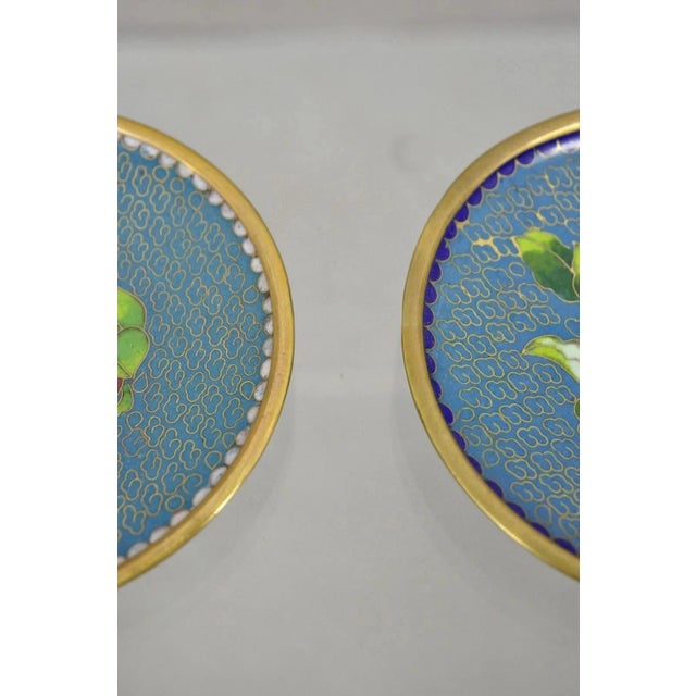 Late 20th Century Vintage Brass Enamel Blue & Gold Floral Cloisonne Small Trinket Dish Set - Pair For Sale - Image 5 of 8