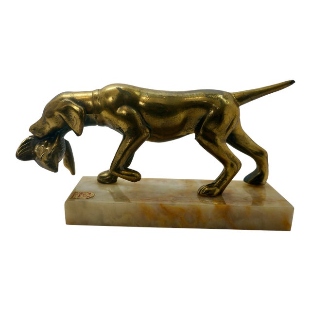 Vintage Mid-Century Brass Hunting Dog on Onyx Marble Base by New Diamond For Sale