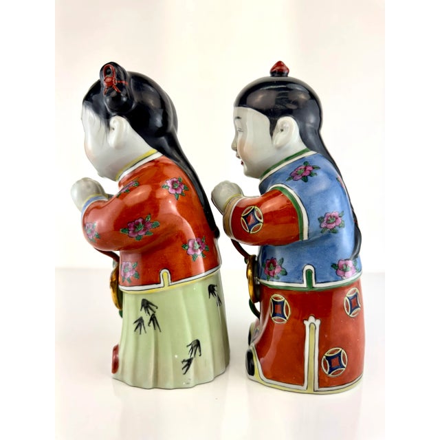 Vintage Asian Famille Rose Porcelain Figures, Republic Period Style, a Pair For Sale - Image 10 of 12