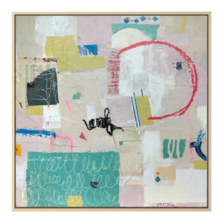 Christiane Corcelle "Entering With Alfred" Mixed Media on Board, Framed Abstract Collage Painting in Teal and Blush, 2022 For Sale