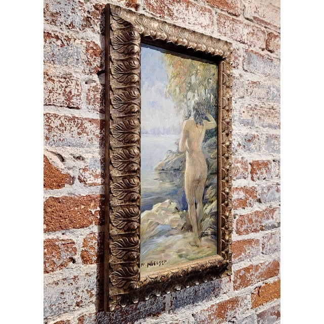 Textile Niels Peter Nielsen- Nude Female Bather by the River -1930s Oil Painting For Sale - Image 7 of 8