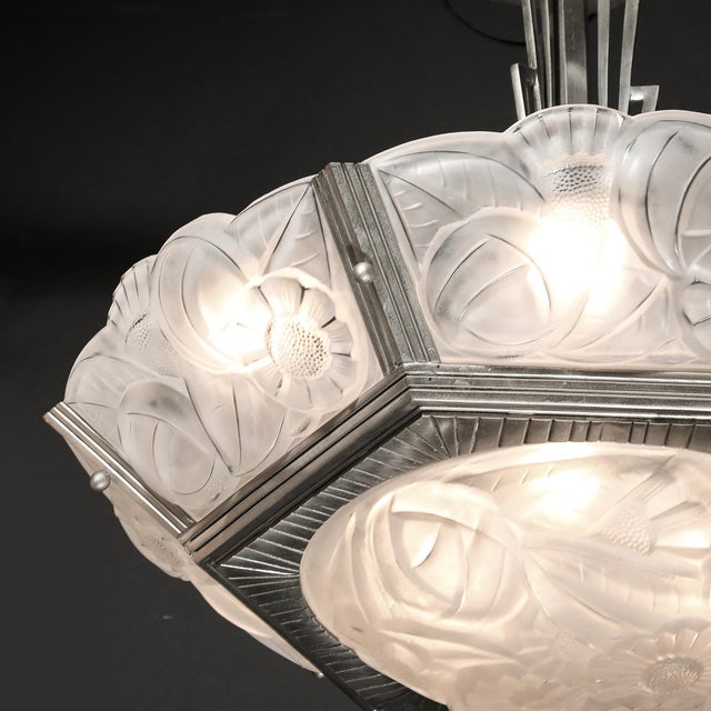 Pair of Art Deco Hexagonal Frosted Glass & Nickeled Bronze Chandeliers by Degue For Sale - Image 14 of 18