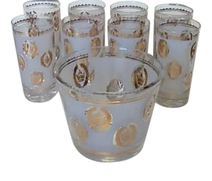 1960's Mid-Century Modern G. Reeves Drinking Glasses and Ice Bucket- 9 Piece Set