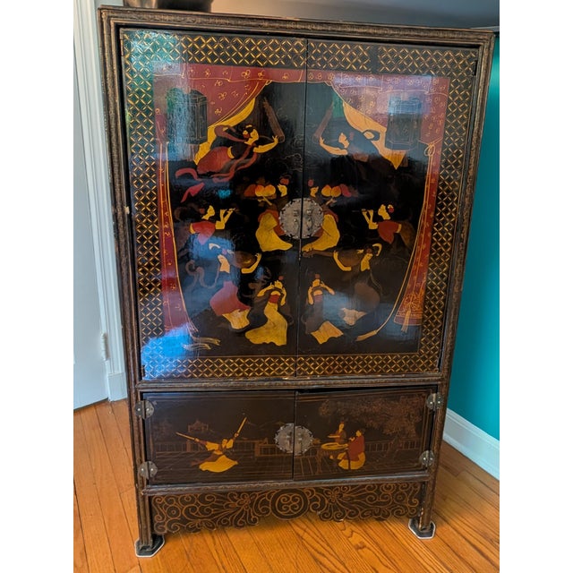 Paint Vintage Chinese Chinoiserie Black Lacquer Armoire Cabinet For Sale - Image 7 of 14