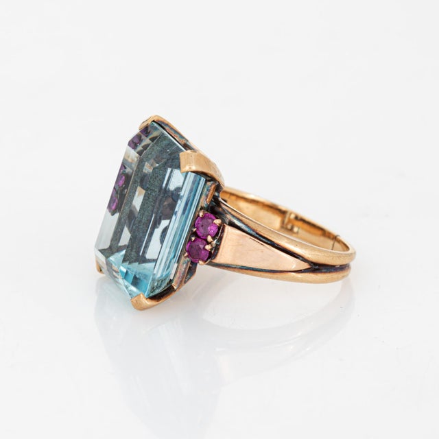 14ct Aquamarine Ring Icy Blue Vintage Mid Century 14k Gold Emerald Cut Ruby, Size 6.5 For Sale - Image 4 of 7