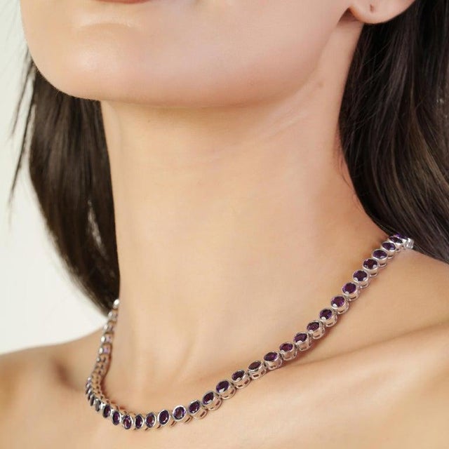 Not Yet Made - Made To Order Round Cut Deep Purple Amethyst Gemstone Tennis Necklace- Silver Jewelry by Caratandher For Sale - Image 5 of 12