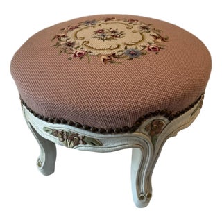 Vintage French Provincial Pink Needlepoint Footstool For Sale
