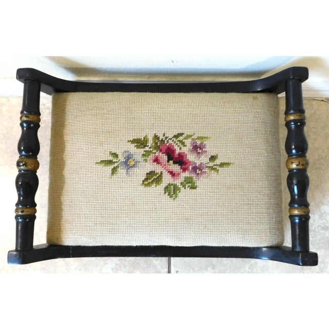 Hitchcock Vintage Mid-Century Hitchcock Black & Gold Floral Needlepoint Footstool For Sale - Image 4 of 14