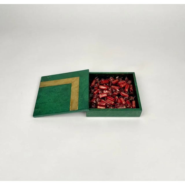 Square Box in Green Goatskin & Brass by Aldo Tura, Italy, 1960s For Sale - Image 10 of 15