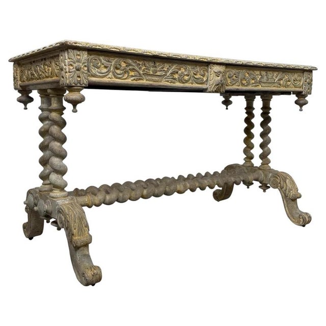 Antique Victorian Oak Writing Table with Carved Decoration For Sale - Image 5 of 11