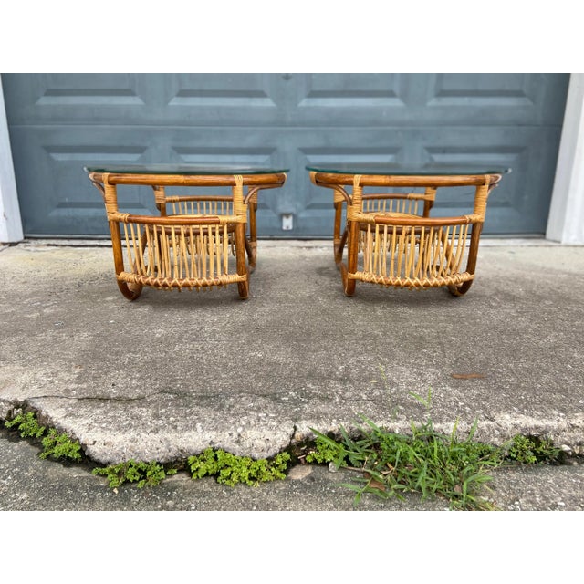 Brown Pair of Bamboo + Rattan Side Tables | Style of Franco Albini For Sale - Image 8 of 13