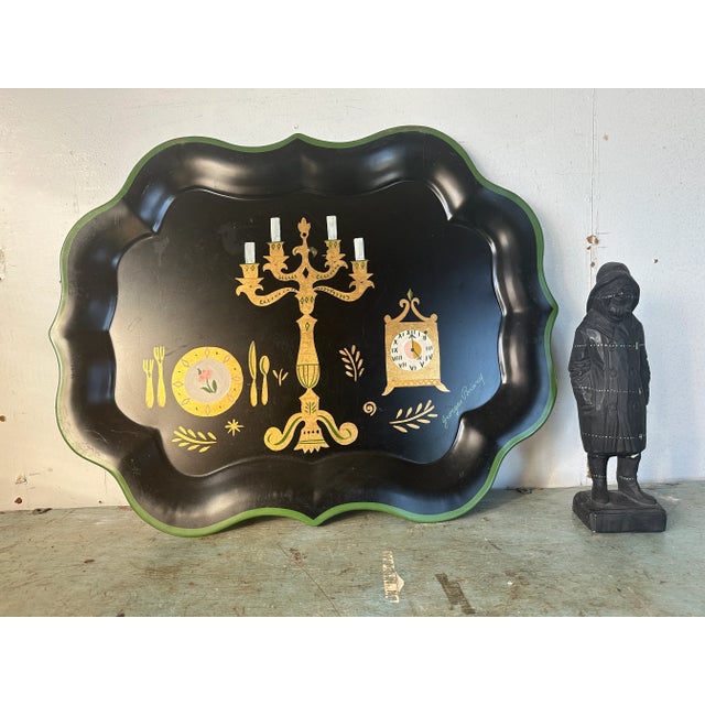Mid-Century Modern Vintage Georges Briard Hand Painted Tole Tray of Candelabra at 5 O'Clock For Sale - Image 3 of 9