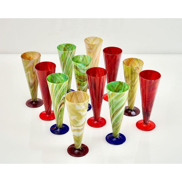 Flutes in Marbelized Murano Glass attributed to Cenedese, 1980, Set of 12 For Sale - Image 12 of 18