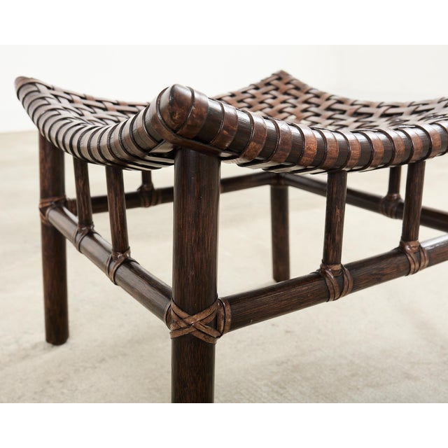 Pair of McGuire Laced Leather Rawhide Rattan Ottoman Stools For Sale - Image 16 of 18