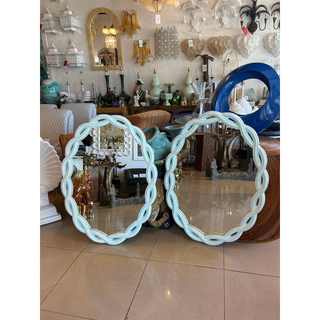 Art Deco Vintage Pair Light Aqua Lacquered Palm Beach Scalloped Oval Wall Mirrors For Sale - Image 3 of 10