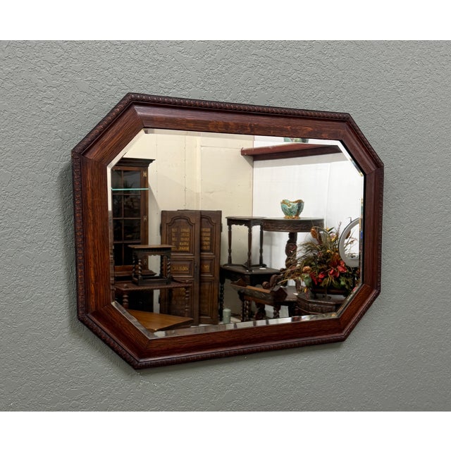 1920s Antique English Jacobean Mirror Framed Beveled Octagonal Oak c.1930s For Sale - Image 5 of 18