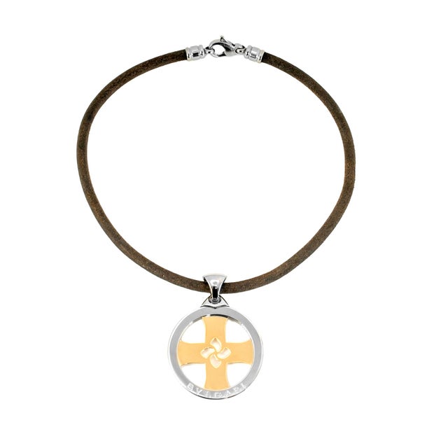 Modern Bvlgari Tondo 18k Yellow Gold Steel Black Two Tone Chain Cross Chocker Necklace For Sale - Image 3 of 7