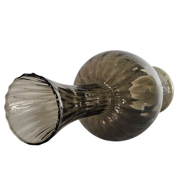 1960s Vintage Italian Empoli Style Optic Swirl Vase – 13.75” Smoke Quilted Art Glass For Sale - Image 5 of 7