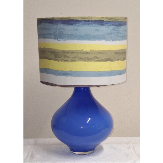 Blue Vintage Table Lamp with Internally Illuminated Blue Glass Base and Fabric Shade, 1970s For Sale - Image 8 of 8