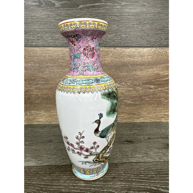 Vintage MCM Chinese Porcelain Famille Peacock Vase For Sale - Image 4 of 8