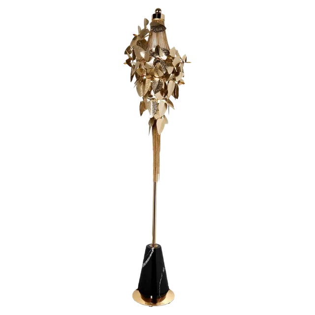 Floor Lamp in Gold-Plated Brass, Marble and Swarovski Crystals For Sale