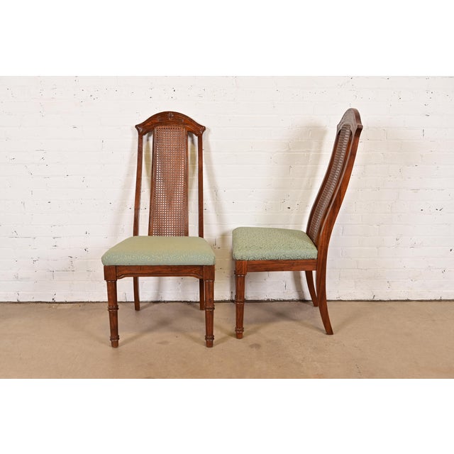 Henredon Style Mid-Century Hollywood Regency Carved Oak and Cane Bamboo Form High Back Side Chairs or Dining Chairs, Set of Three For Sale - Image 10 of 12