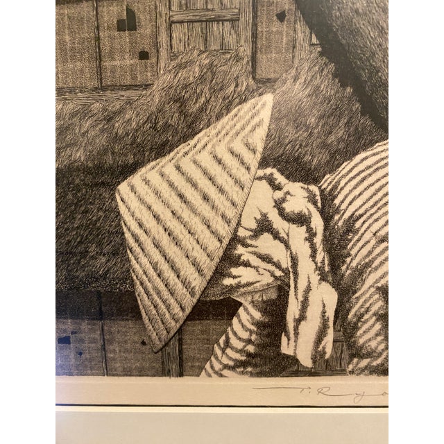Ryohei Tanaka 1974 Signed Etching Japanese Aquatint Roofs of Hida No 5 Framed For Sale - Image 4 of 11