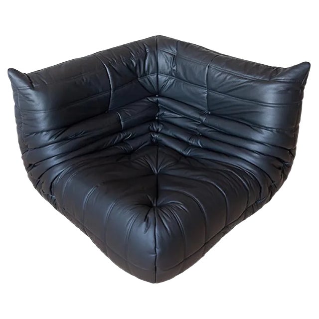 Black Leather Togo Corner Seat by Michel Ducaroy for Ligne Roset For Sale