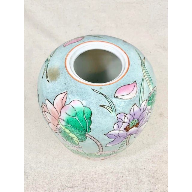 Baby Blue Vintage Late 20th Century Pastel Waterlily Chinoiserie Vase For Sale - Image 8 of 13