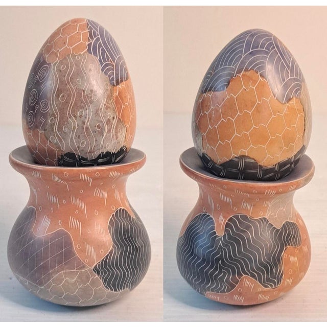 Late 20th Century Vintage Carved Soapstone Egg & Rainbow Stone Egg Set of 2 W/ Stands For Sale - Image 5 of 13