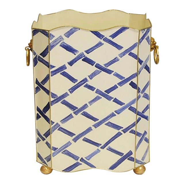 Matthew Izzo Home Wastebasket - Hand Painted Square Tole Metal With Blue Bamboo Shoot Design, Scalloped Edges and Gold Leaf Lion Head Handles For Sale