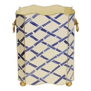 Matthew Izzo Home Wastebasket - Handpainted Blue Bamboo Square Scalloped Edge Regency With Goldtone Lionhead Handles For Sale