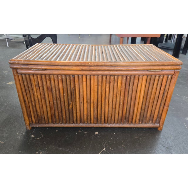 Mid-Century Modern VIntage Rattan Storage Trunk W/ Brass Accents For Sale - Image 3 of 12